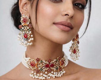 Jadau Navratan choker/necklace  with matching Earrings Set/Pearls, multicolor/ Indian/Pakistani/Wedding/Party/ Bridal/ruby pink/ back clip