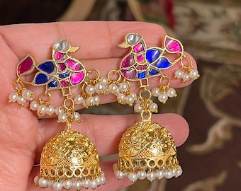 Navratan Jadau kundan statement earrings/ jhumka/ temple  piece/Multicolor earrings / Wedding/Party/emerald green pink clear kundan color.