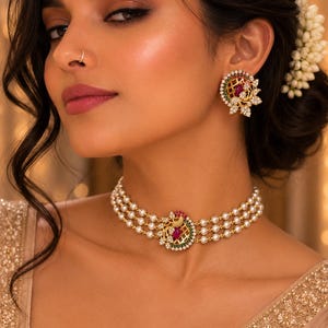 May include: A three-strand pearl choker necklace featuring a central gold-toned peacock motif with a red stone and green accents, paired with matching round stud earrings that mirror the same peacock design with white, red, and green stones.