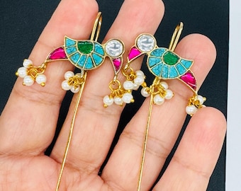 Pair of Navratan Earcuffs/Premium Quality Kundan Jadau Earring/studs/multicolor ruby turquoise blue/Minimalist Design/ Earrings Embellished