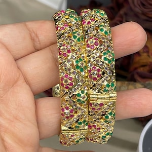 Hyderabadi Jadau kada pair/bracelet/bangle Openable-Unparalleled Quality Craftsmanship/brass/ruby pink green  polki/partybridal/size 2.6-2.8