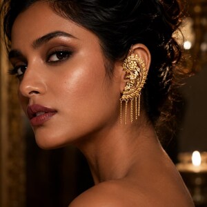 Pode incluir: Close-up de uma mulher usando uma ear cuff dourada. A ear cuff apresenta um design floral ornamentado com correntes penduradas. A mulher tem cabelo escuro e está usando um top dourado.