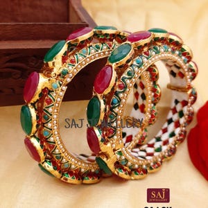 Pair of HANDMADE rajwadi kada wedding|openable|traditional|ruby pink emerald green kada|bangle|bracelet traditional Navratan bead meenakari.