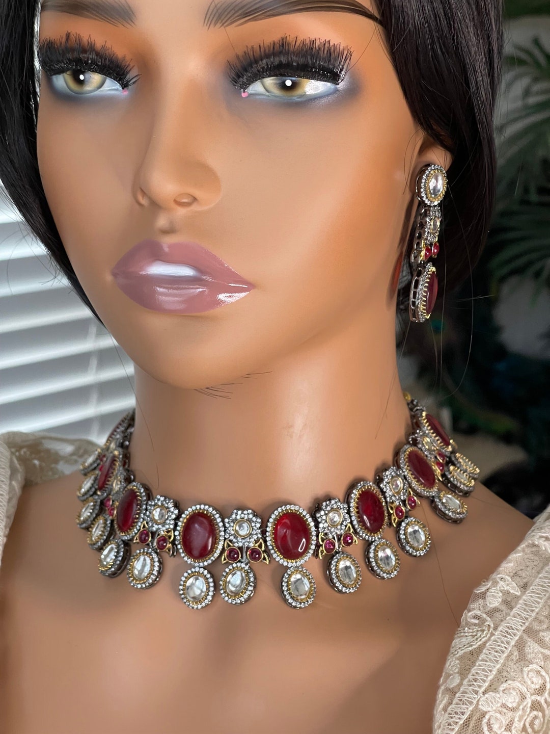 Ruby Red Maroon Sabyasacchi Inspired Choker Necklace Set, Victorian
