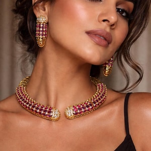 Premium pots stone ruby pink choker/necklace hasli  choker earring tops stud set/gold plated/bridal/ wedding/Party/traditional design