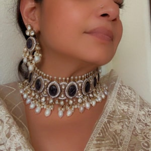 Premium quality Tyaani and Sabysachi Inspired necklace set carved dark Sapphire Blue, baroque pearl, kundan, polki choker, Earrings tika Set