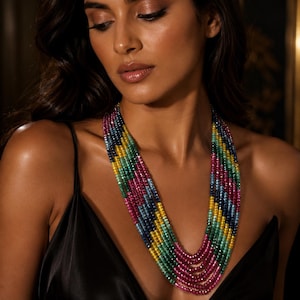 Multicolor Ranihaar Necklace: Ruby, Emerald, Sapphire Onyx Beads, Adjustable Jewelry, handmade.