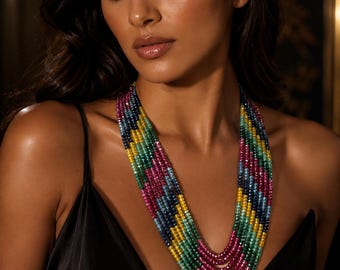 Multicolor Ranihaar Necklace: Ruby, Emerald, Sapphire Onyx Beads, Adjustable Jewelry, handmade.