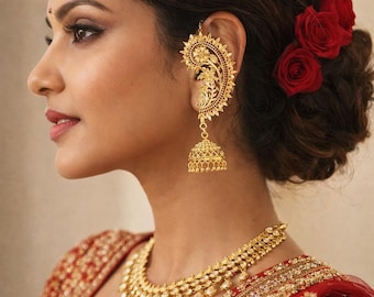 Light weight gold plated ear cuff Jhumka  earrings with ear chain / gold design inspired
