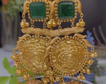Kashmiri goldtone brass jhumka/Earrings/Danglers jhumka with ghungroo beads/Handmade/green goldtone traditional/lightweight Amrapali jewelry