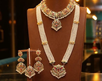 Premium Bridal/wedding nauratan Jadau set with long ranihaar necklace choker matha tika earrings/5 piece set party wedding/22K gold plated