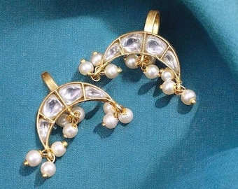 Pair of Jadau Earcuffs/Bugadi/ear clips/non pierce/Quality Kundan/studs/white stones handmade/Minimalist Design/ Earrings Embellished/2cms