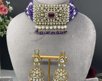 Tyaani-Inspired Lavender Amethyst purple Choker Set | Gold-Plated Moissanite Necklace with Jhumka Earrings | Handmade Indian Bridal Jewelry