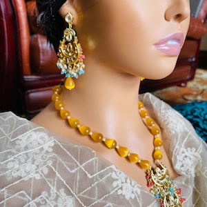 Kundan Halskette/Statement Ohrringe/Barock/Bollywood style/Gelbe Farbe/Hochzeit/Party/Wasserperlen