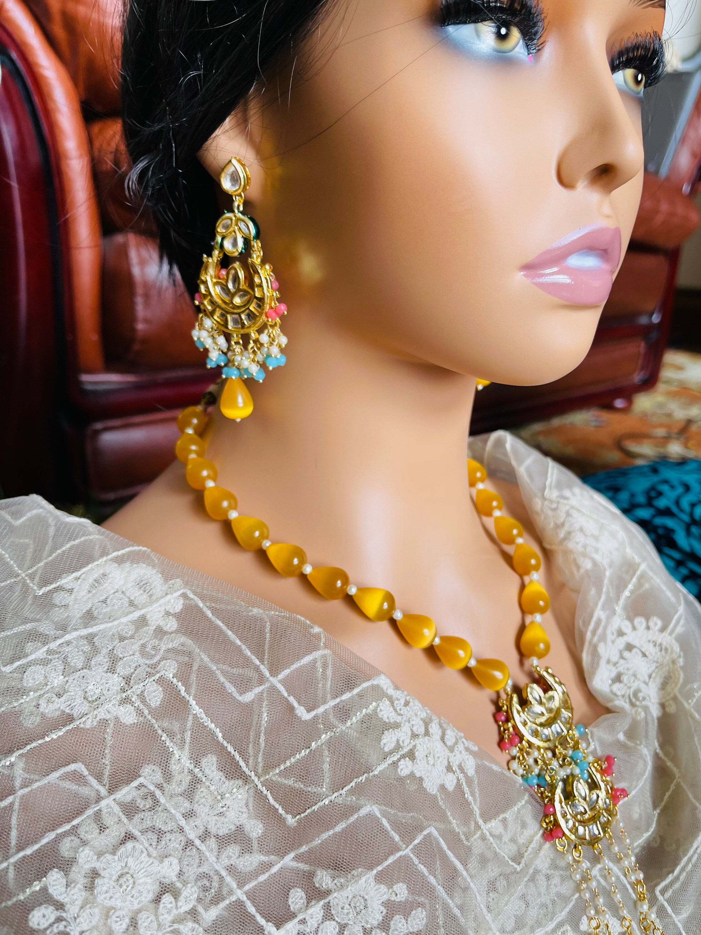 Set Da Sposa Indiano Bollywood &ndash; Gioielli Etnici Placcati Argento Con Zirconi, Collana E Orecchini