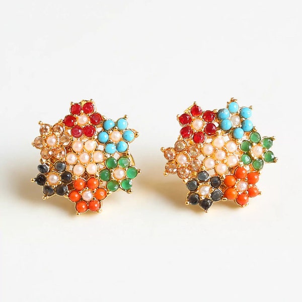 Multicolor Navratan Jadau studs/tops/Earrings/pearl beads/Handmade/traditional/emerald  green red Jadau work/elegant design