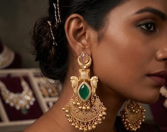 Kashmiri goldtone brass jhumka/Earrings/Danglers with ghungroo beads/Handmade/goldtone traditional/lightweight green blue  amrapali jewelry