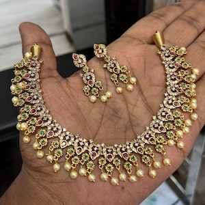 Handcrafted dainty choker/necklace set with matching earrings/ruby pink green color/gold tone set/wedding/party/light earrings