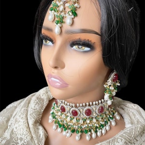 Premium quality Tyaani and Sabysachi Inspired Moissanite polki uncut kundan carved stone necklace/Choker Earrings tika Set/Ruby red, green