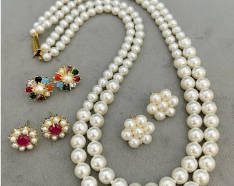 Combo Double layer pearl mala necklace/choker set  with  3 pairs Earring/tops/studs/multi Colored Stones/party/ wedding/ red/navratan