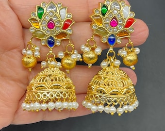 Navratan Jadau kundan statement earrings/ jhumka/ temple jewelry/Multicolor earrings /Wedding/Party/emerald green pink kundan color/ brass