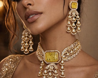 Premium quality branded Polki Kundan Necklace citrine yellow doublet Choker set/ Polki earrings studs TyaaniSabyasachi Jewelry Set/