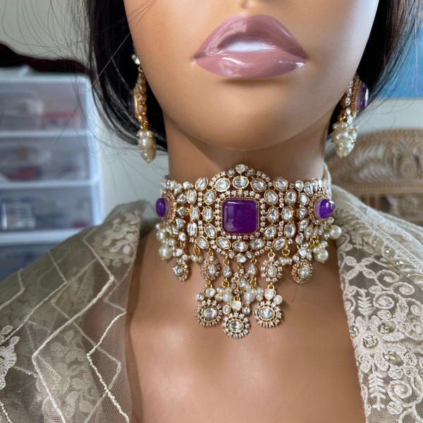 High end Tyaani and Sabyasachi inspired Purple lavender doublet stone necklace choker set/Moissanite/with earrings/Royal set/gold finish