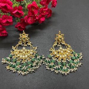 Premium Tyaani style Pacchi kundan chandbali/long earrings with bead accents/danglers/ light weight /green beads/Party/Wedding