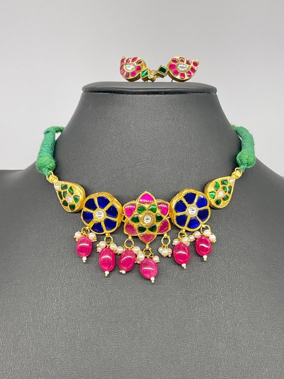 Jadau Kundan Necklace/choker set matching earrings/gold plated /One of a kind/Kemp Jadau/Ruby pink green clear Jadau/earrings studs tops
