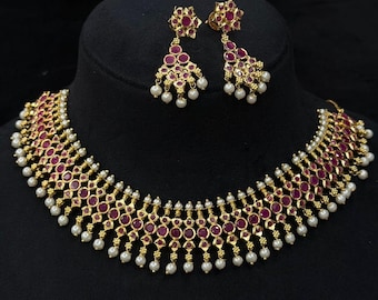 Navratan choker/necklace with   Earrings,Pearls,jadau work,ruby Color Stones/gold plated/bridal/ wedding/Party/traditional Sabyasachi