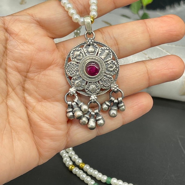 92.5 silver Boho pendant with ruby color stone center and jhungroo/ weight 14.75gm/hallmarked 92.5