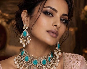 Premium quality Tyaani Sabysachi Inspired necklace set carved turquoise blue stones,baroque pearl, kundan, polki choker,Earrings tika Set