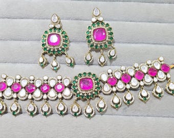 Premium quality Tyaani and Sabysachi Inspired necklace polki earrings/mint green and pink  doublet stone, kundan, polki choker, Earrings
