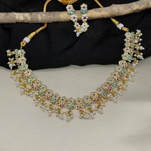 Premium Navratan Hyderbadi Jadau choker necklace set/ earrings/gold plated/delicate set/Wedding/Party/turquoise firoza blue ruby pearl