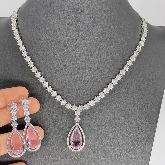 Premium quality Powder pink AAA cubic zirconia silver tone necklace/choker set/Diamond look/Tyaani amd Sabyasachi Inspired with earrings