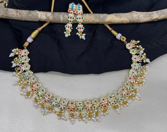 Premium Navratan Hyderbadi Jadau choker necklace set/dangler earrings/gold plated/delicate set/Wedding/Party/ruby emerald sapphire turquoise