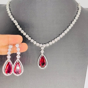 Premium quality Ruby red  AAA cubic zirconia silver tone necklace/choker set/Diamond look/Tyaani amd Sabyasachi Inspired with earrings