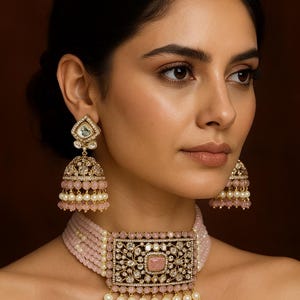 Premium choker set/earring Jhumka backclip/light pink  color stone/moissanite necklace/adjustable size/Tyaani inspired/handmade