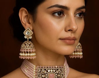 Premium choker set/earring Jhumka backclip/light pink  color stone/moissanite necklace/adjustable size/Tyaani inspired/handmade