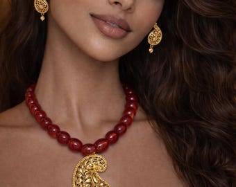 Dainty mango motif pendant set choker/necklace/tops stud set/gold plated/bridal/ wedding/Party/traditional design