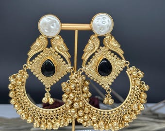 Kashmiri goldtone brass Earrings/Dangler ghungroo bead/Handmade/goldtone/4 inch/lightweight 33gm each earring/black pota stone amrapali pair