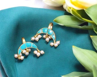 Pair of Jadau Earcuffs/Bugadi/ear clips/non pierce/Quality Kundan/studs/turquoise bluestones handmade/Minimalist Design/Earrings Embellished
