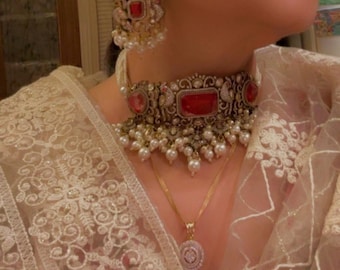 Premium red doublet choker necklace set/dangler earrings/Wedding/Party/