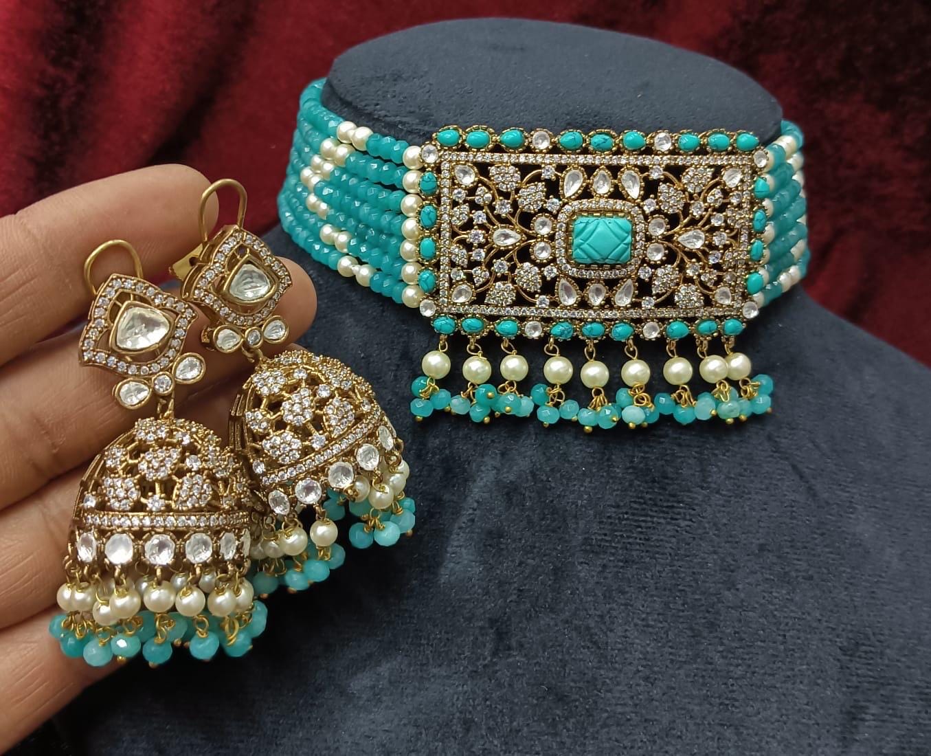 Premium choker set/earring Jhumka backclip/turquoise blue firoza color stone/moissanite necklace/adjustable size/Tyaani inspired/handmade