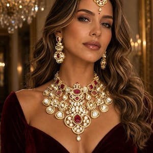 Premium Bridal/wedding rich red  doublet  stones/polki set heavy statement choker necklace matha tika earrings/party wedding/goldtone