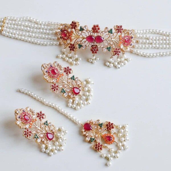 Navratan choker/necklace set with earrings and Teeka/ multi color/ ruby pink Colored Stones/pearl beads/ earrings back clip/brand name