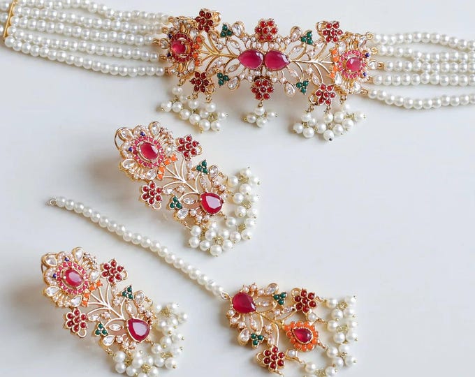 Pink - Navratri Special! Thread & Shell Work Necklace Set 46