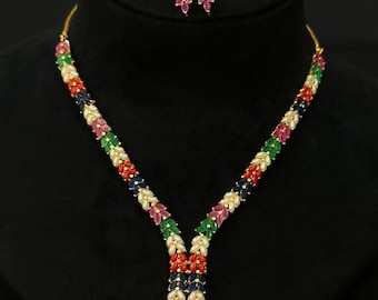 Nauratan choker/necklace matching  Earrings Set,Pearls,jadau work/multi/pearl  Color/gold plated/bridal/wedding/Party/traditional Sabyasachi