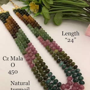 Multilayered multicolor ranihaar long necklace/ruby emerald sapphire color stones/smooth polished tourmaline beads/adjustable length 9inch