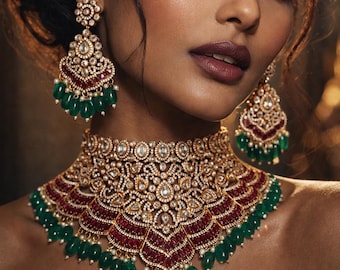 Premium Uncut Polki Kundan Choker  Pink mint Necklace set Sabyasachi Jewelry Moissanite Diamond style Bridal earring Teeka/rodium polish